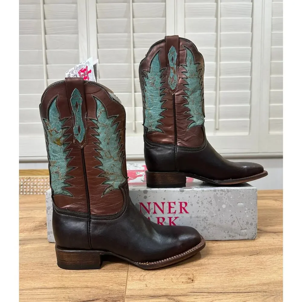 Tanner Mark Men's Cowboy Boots Brown Bronze Teal Leather Size 9 NIB Western